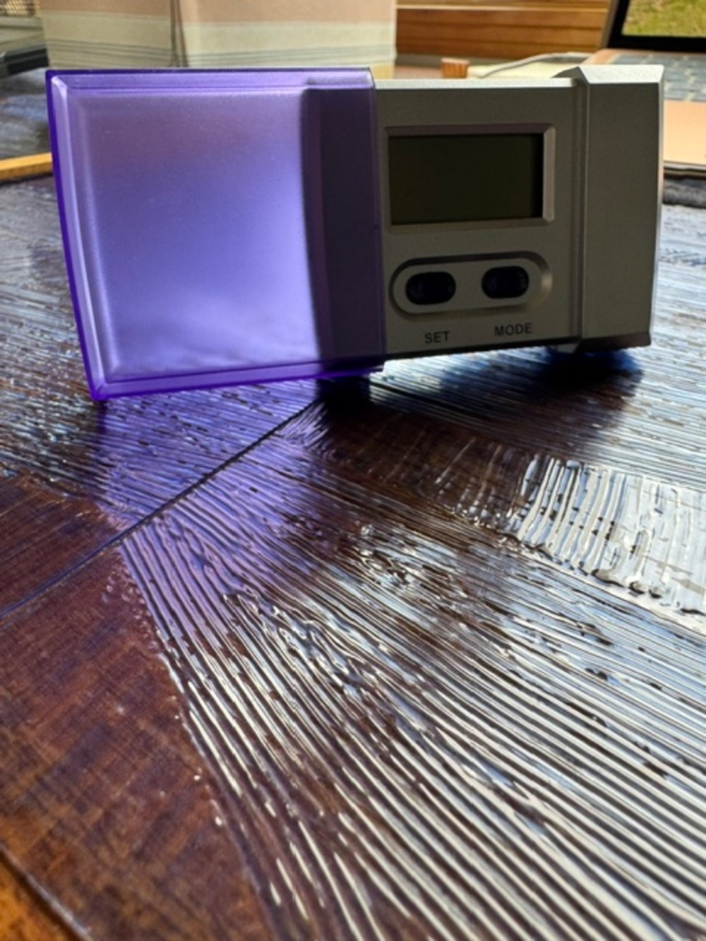 Travel clock , great condition , battery operated, purple durable cover/stand
